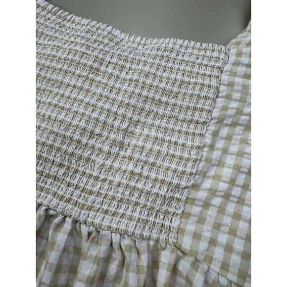 Old Navy Women Puff-Sleeve Smocked Seersucker Babydoll Top 3X Yellow Tan Gingham - Picture 13 of 16